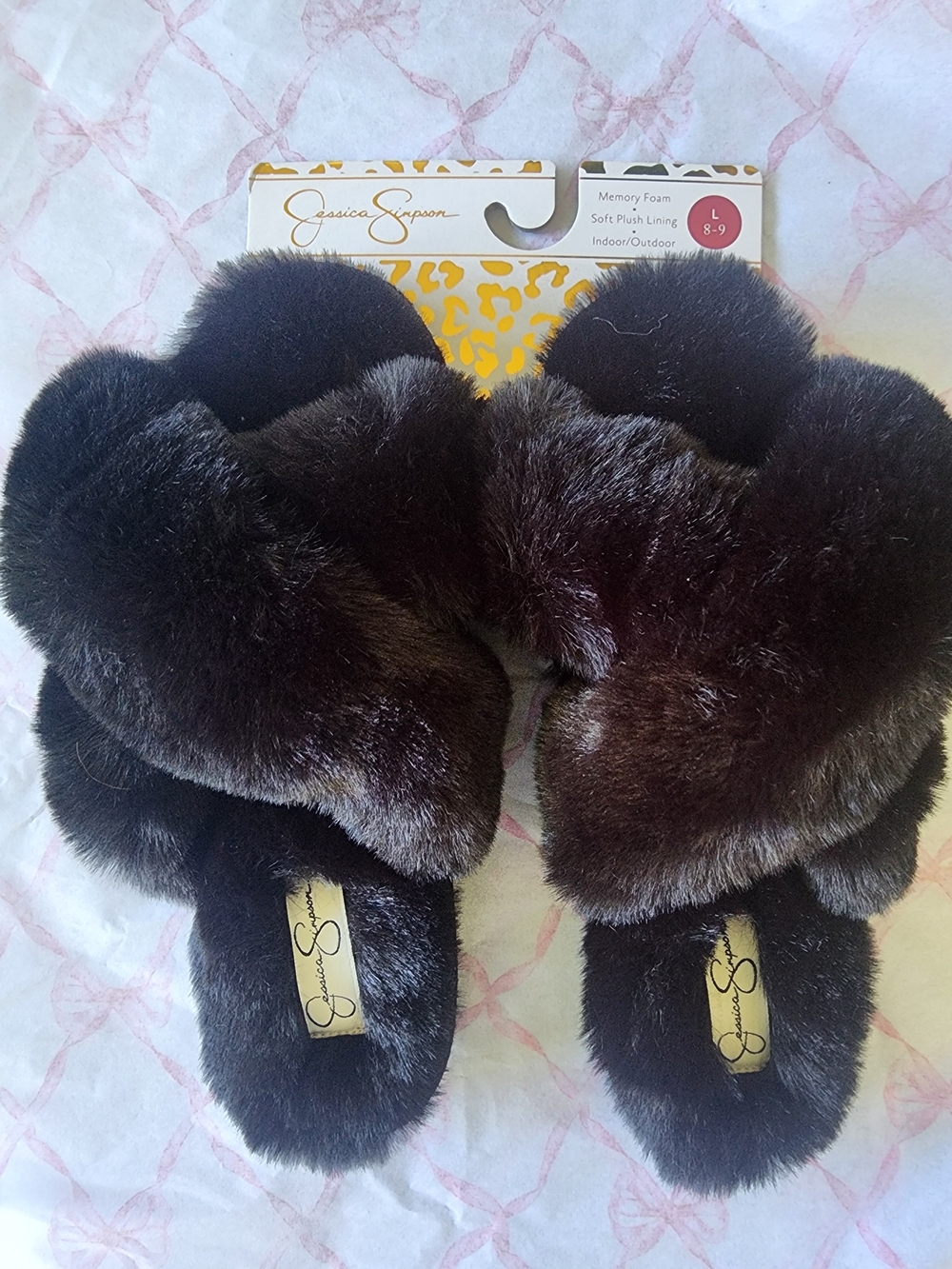 Jessica Simpson Dark Brown Plush Faux Fur Crossband Slide Slippers